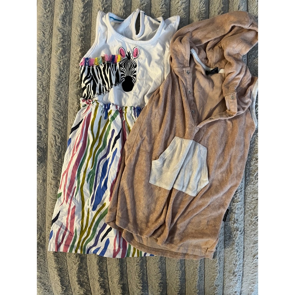 Bundle Little Bipsy Tan Terry Romper 4T-5T and Rainbow Zebra Dress 7T
